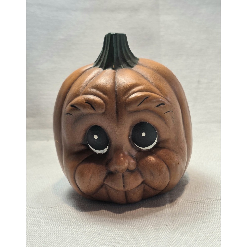 Vintage Ceramic Pumpkin Head Halloween Decor Hand Painted Jack O Lantern Cute 3"